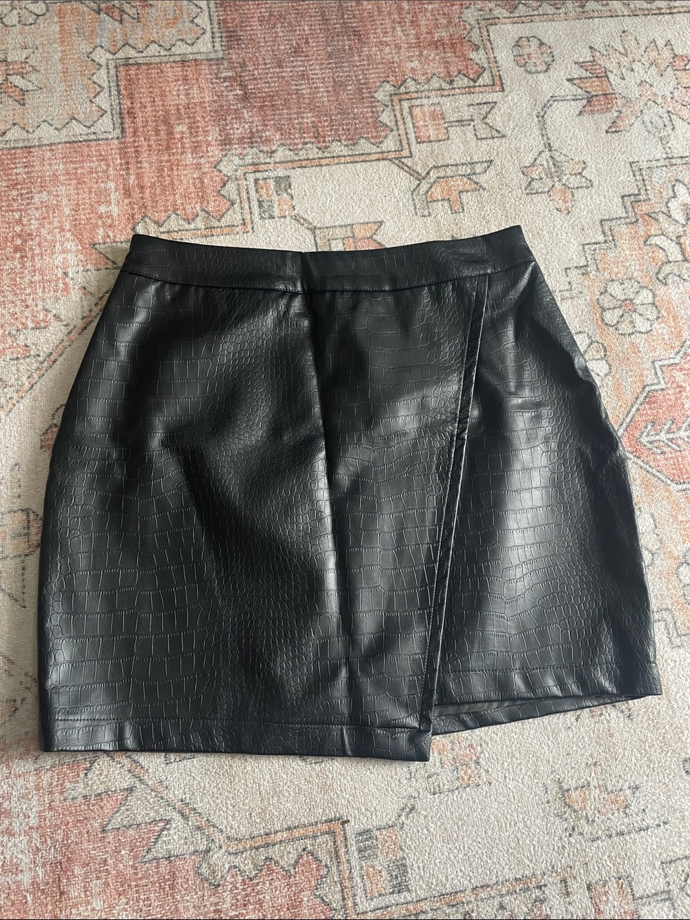 Black Croc-Embossed Faux Leather Mini Skirt with Wrap Front